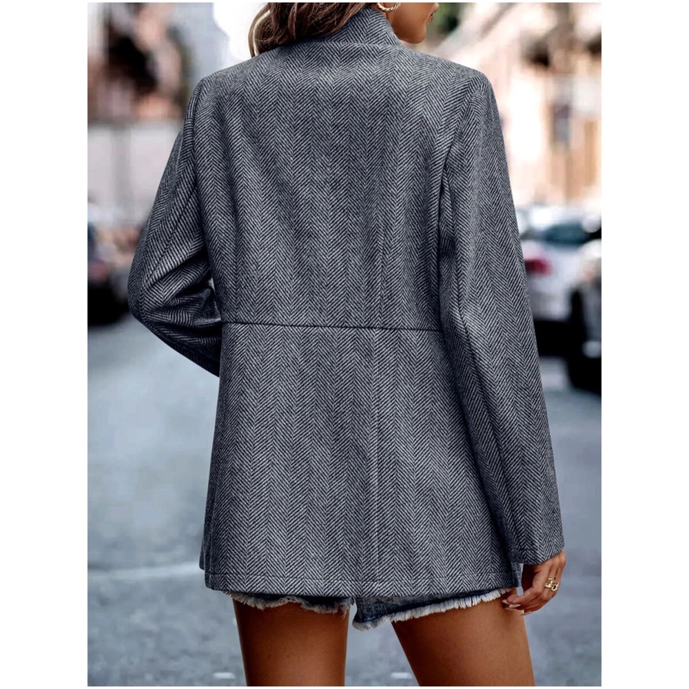 Classic Grey Herringbone Blazer Jacket Coat - Picture 5 of 12